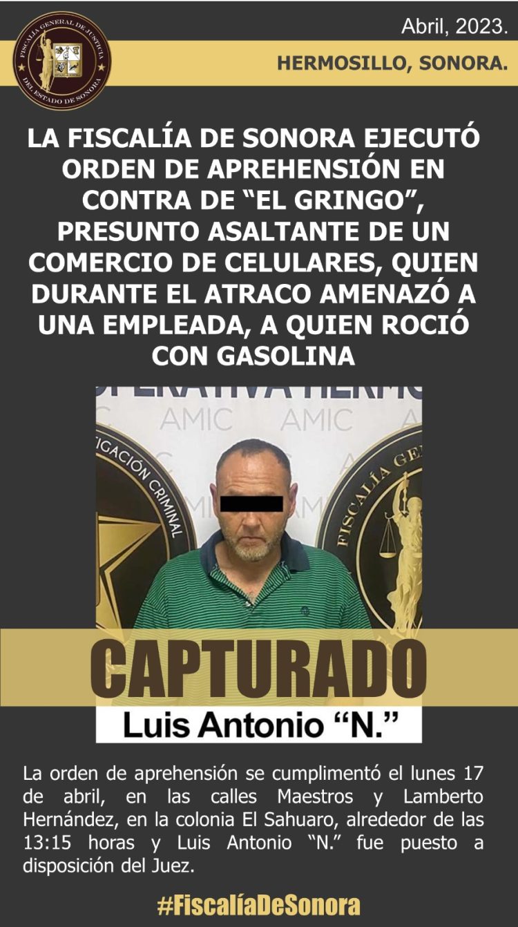 DETIENE FGJE A HOMBRE QUE ROCIÓ GASOLINA A JOVEN EMPLEADA EN ESTABLECIMIENTO COMERCIAL EN HERMOSILLO