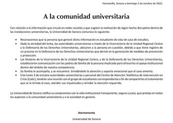 LOCALIZA UNIVERSIDAD DE SONORA A ALUMNO QUE AMENAZÓ CON REALIZAR UN TIROTEO 