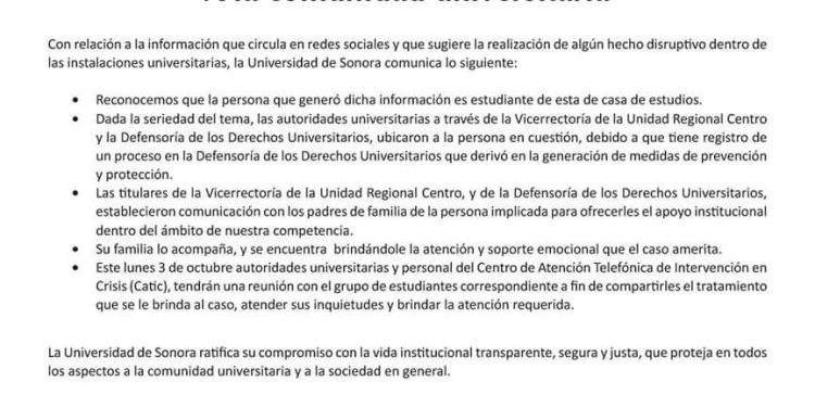 LOCALIZA UNIVERSIDAD DE SONORA A ALUMNO QUE AMENAZÓ CON REALIZAR UN TIROTEO