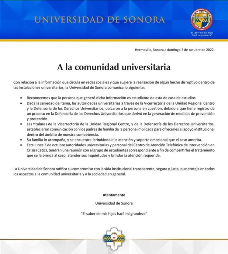 LOCALIZA UNIVERSIDAD DE SONORA A ALUMNO QUE AMENAZÓ CON REALIZAR UN TIROTEO 