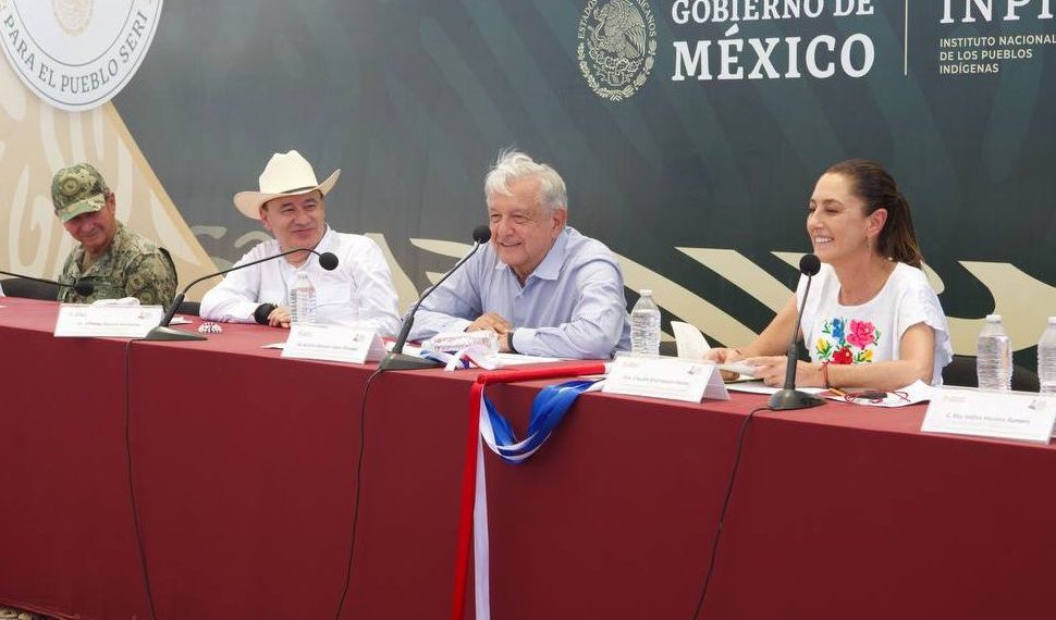 Presiden Gobernador Durazo, presidente López Obrador y Sheinbaum continuidad de restitución de derechos a comunidad Seri