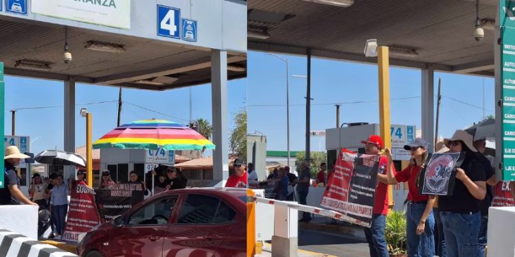 Maestros en liberan en la región Yaqui y otros municipios del sur de Sonora caseta de cobro número 150 en protesta contra la Ley del ISSSTE