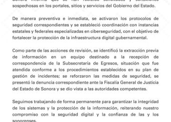 Detectan actividad sospechosa en plataformas del Gobierno de Sonora y refuerzan ciberseguridad