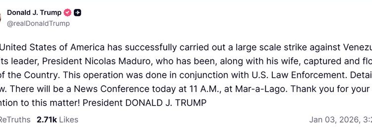 EU captura al presidente de Venezuela, anuncia Trump, Termina la era de Nicolás Maduro
